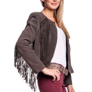 Of Two Minds Charcoal Brown Fringe Western Open Front Genuine Suede Jacket
